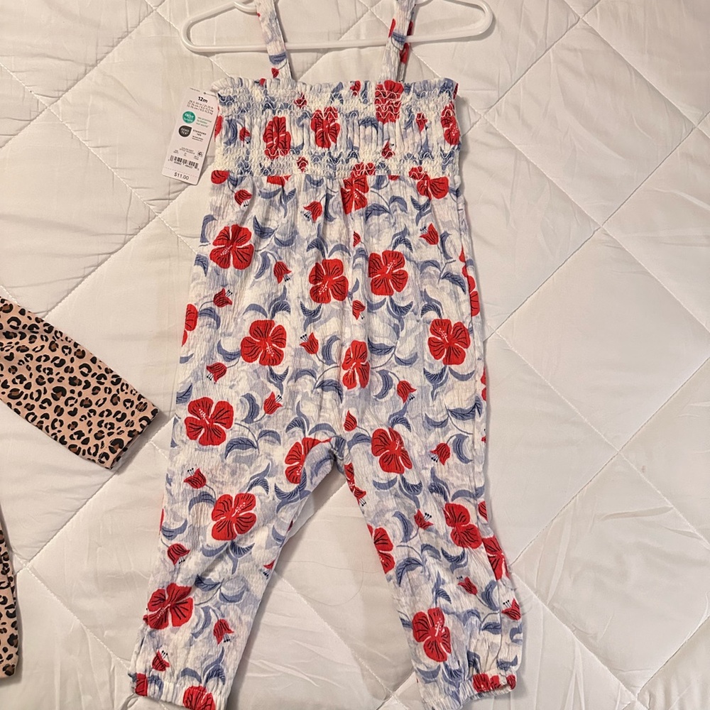 Carter's White Jumpsuit with Red Floral & Blue Leaf Print